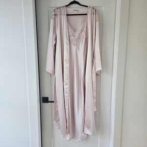 Versailles Luxurious Blush Satin Robe with Lace Detail Slip Dress Set